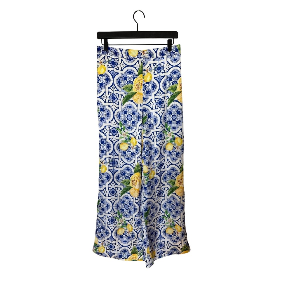 Boston Proper Blue White Lemon Tile Print Wide Leg Pants High Rise Small